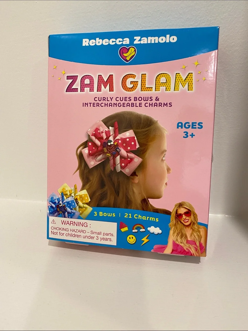 NEW IN BOX Zam Glam Pink Curly Cues Bows with Interchangeable Charms